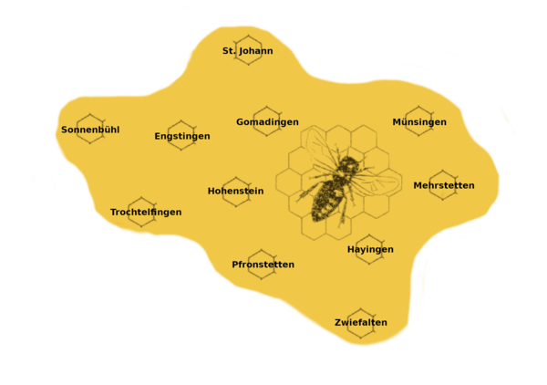 Bild zeigt das Vereinslogo Biene auf Wabe nach rechts oben laufend und die Ortschaften des Vereinsgebietes darum geographisch angeordnet.
